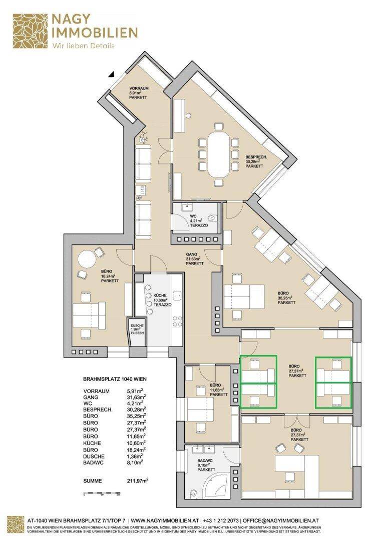 Detaillierter Grundriss einer Immobilie mit mehreren Büroräumen, Küche und Terrasse.