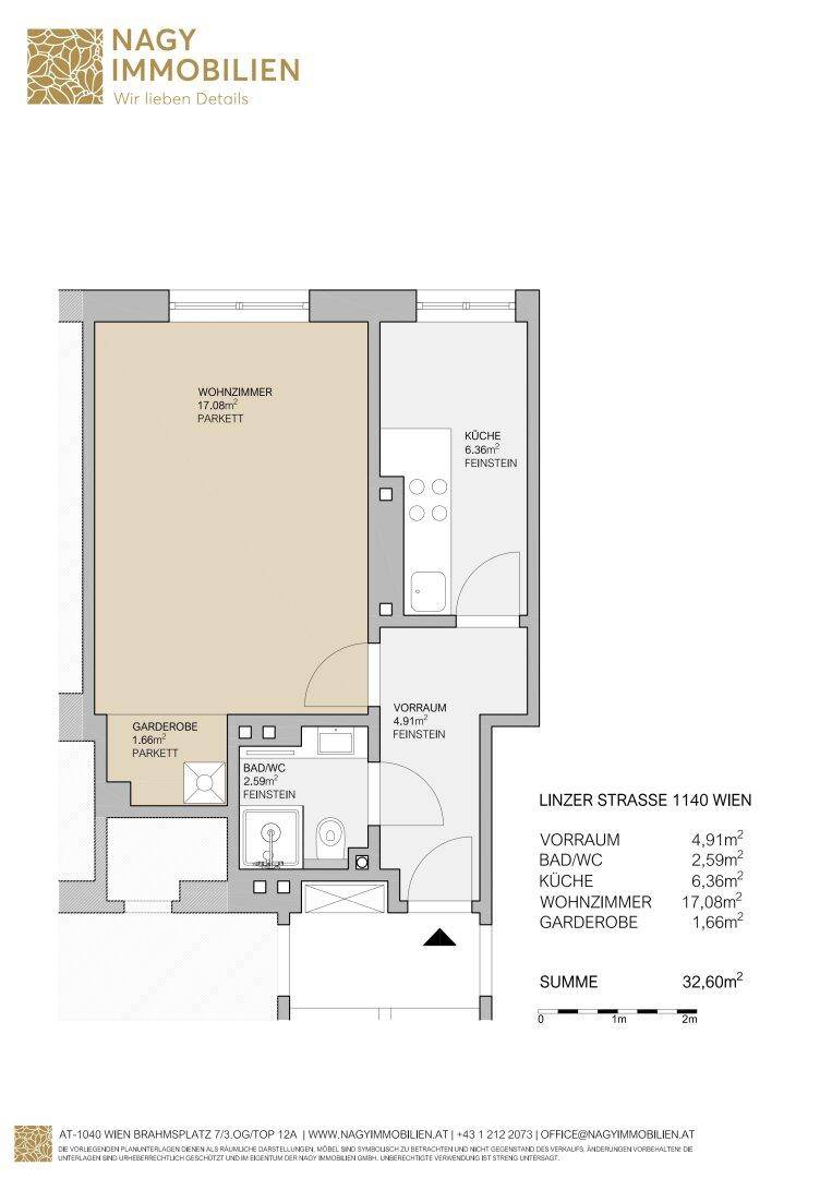 Grundriss einer Wohnung mit separater Küche, Wohnzimmer, Bad und Garderobe auf 32,60 m².