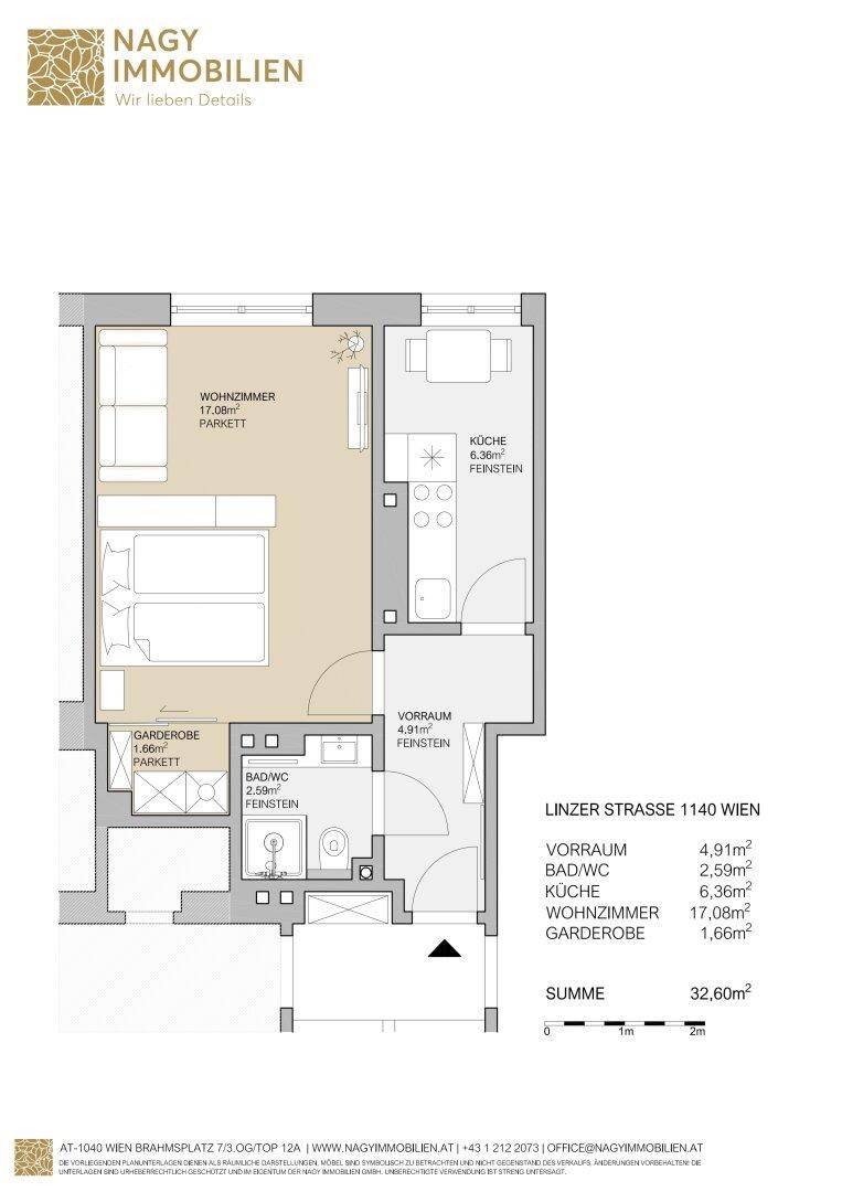 Grundriss einer Wohnung mit separater Küche, Wohnzimmer, Bad und Garderobe auf 32,60 m².