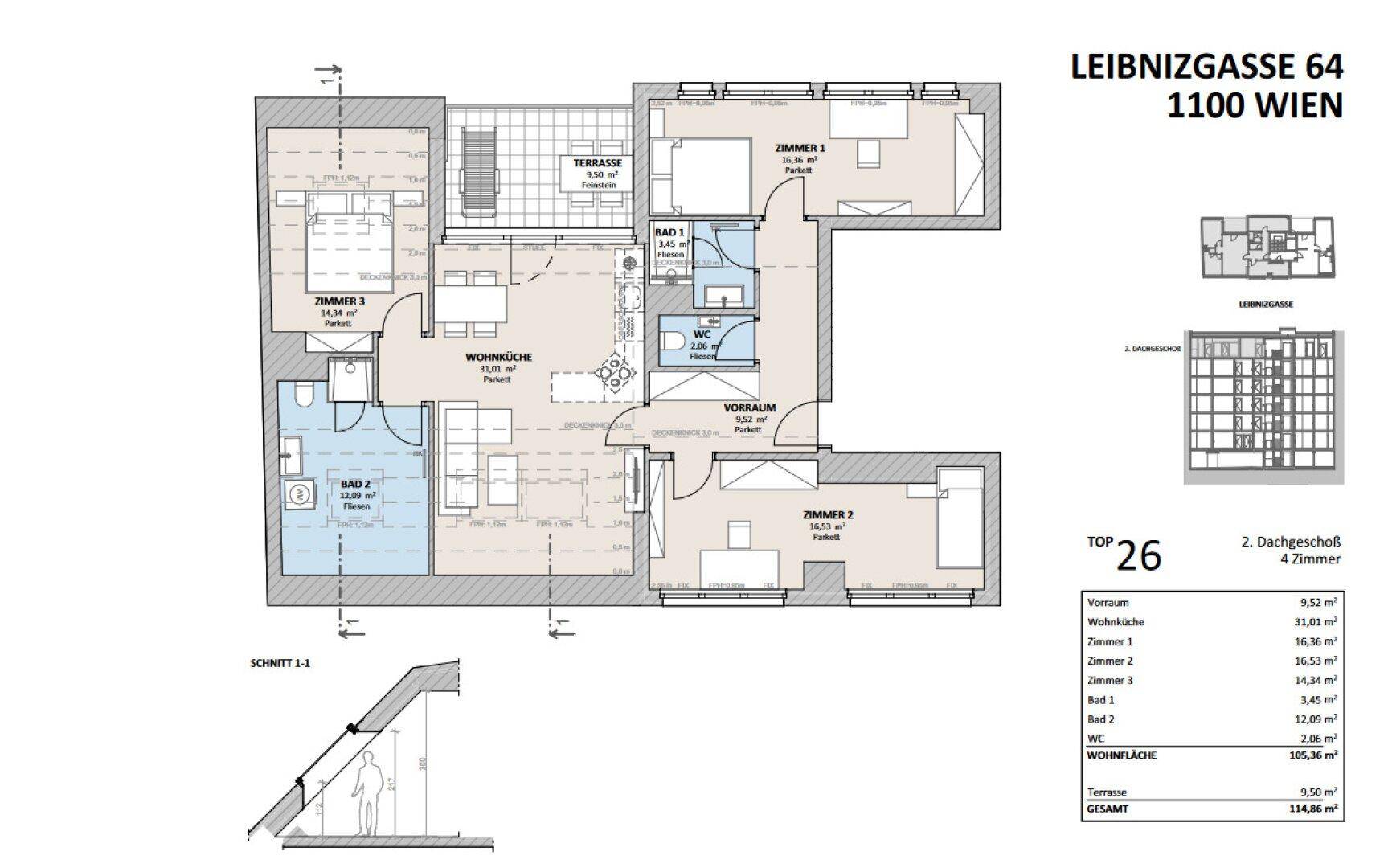 Grundriss der Wohnung Top 26 in der Leibnizgasse 64, 1100 Wien, mit drei Zimmern und Terrasse.