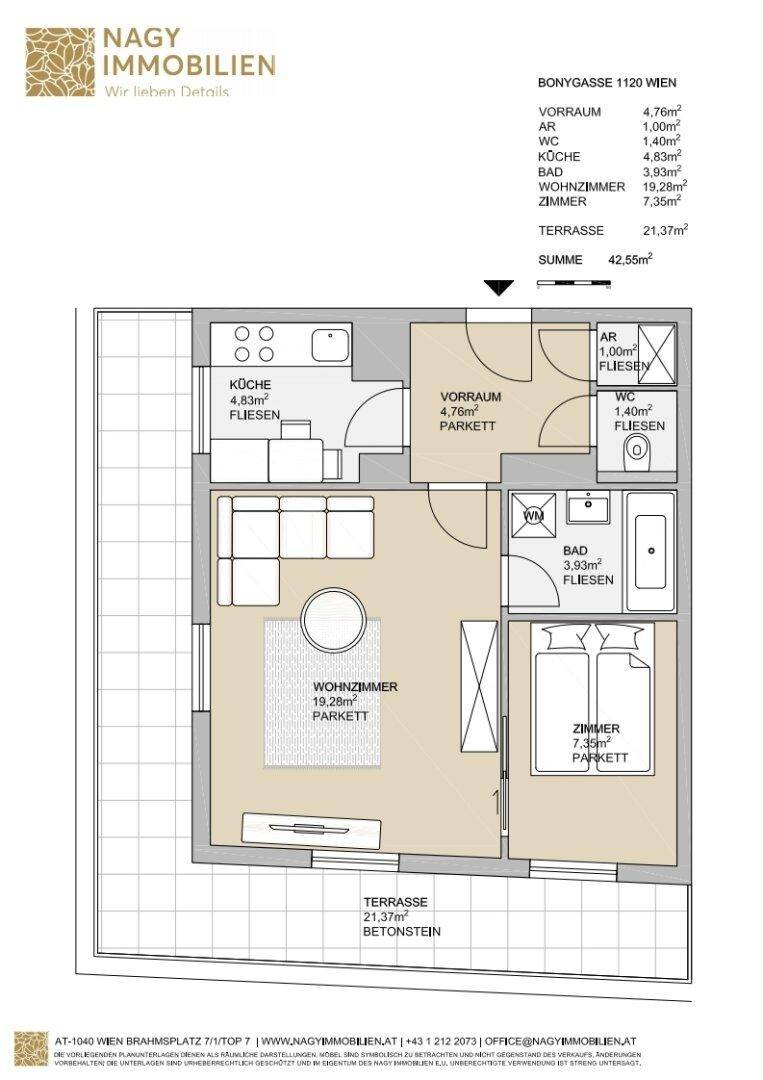 Möblierter Grundriss der Wohnung mit Wohnzimmer, Schlafzimmer, Küche und Terrasse.