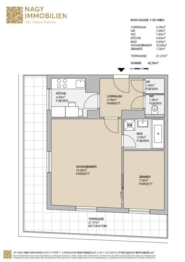 Grundriss der Wohnung mit Raumaufteilung, Terrasse und Flächenangaben in Quadratmetern.