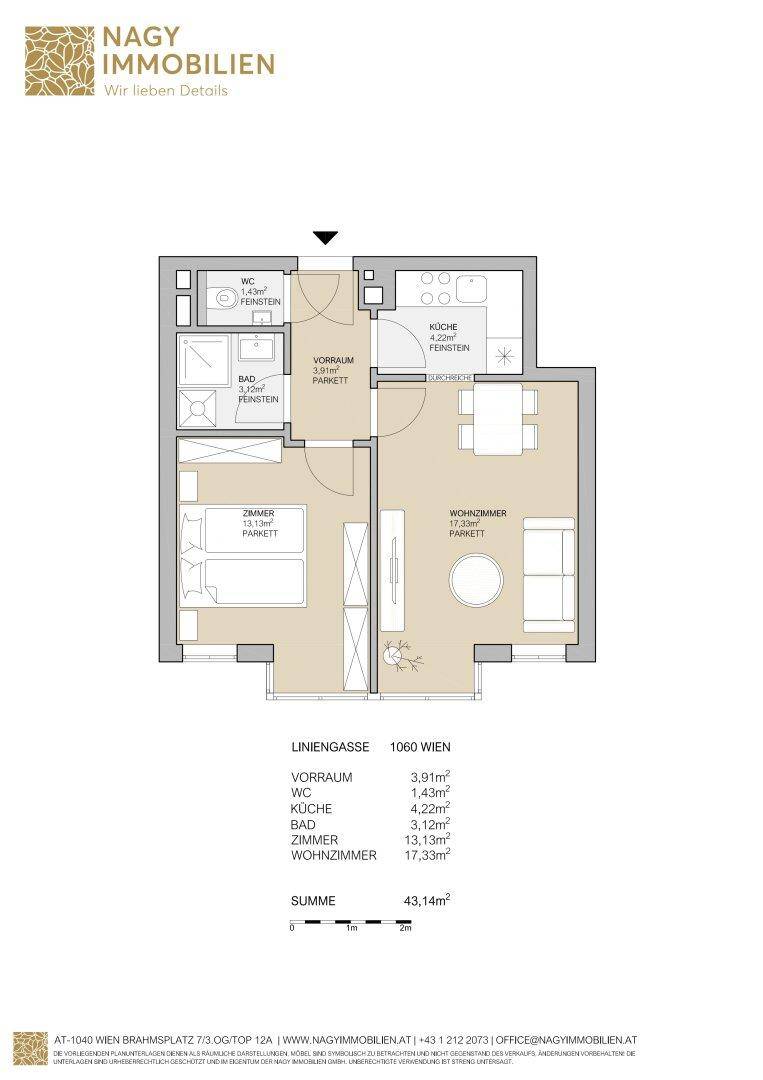 Möblierter Grundriss der Wohnung mit detaillierter Raumaufteilung und Einrichtungsvorschlägen.