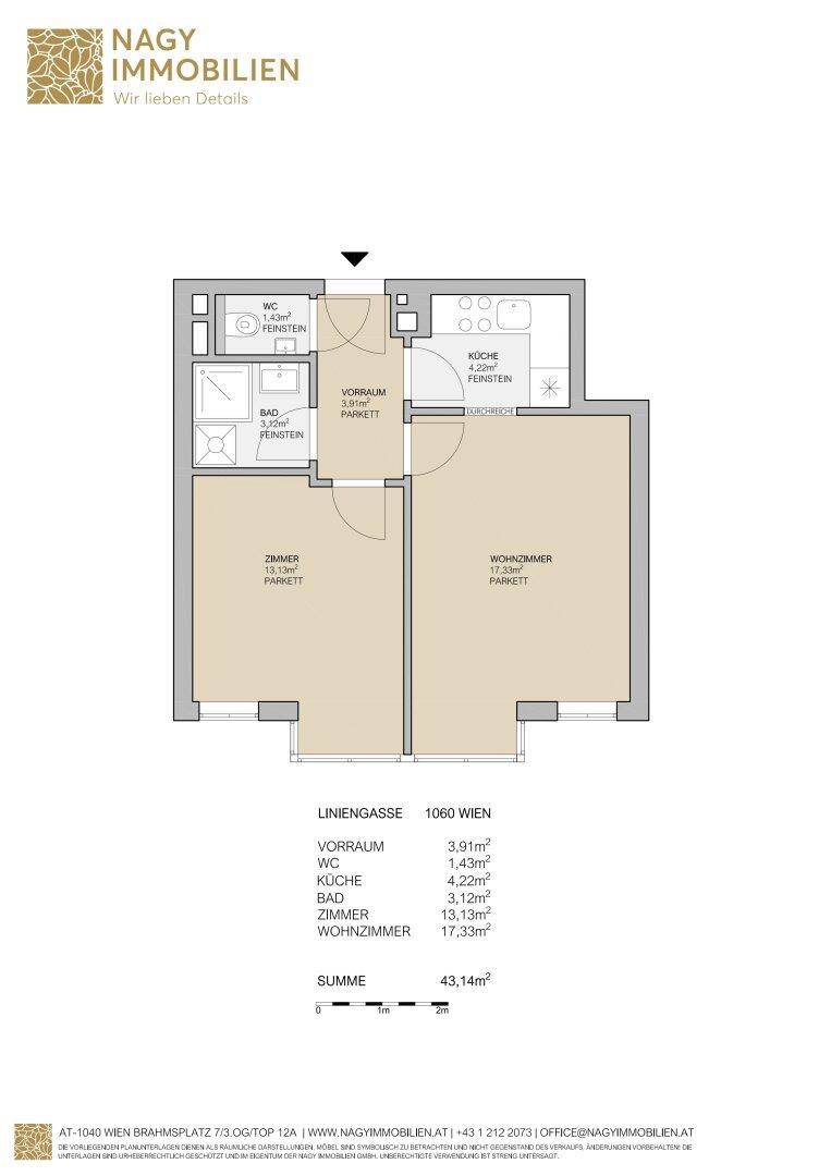 Grundriss der Wohnung mit Raumaufteilung und Flächenangaben, ohne Möblierung.