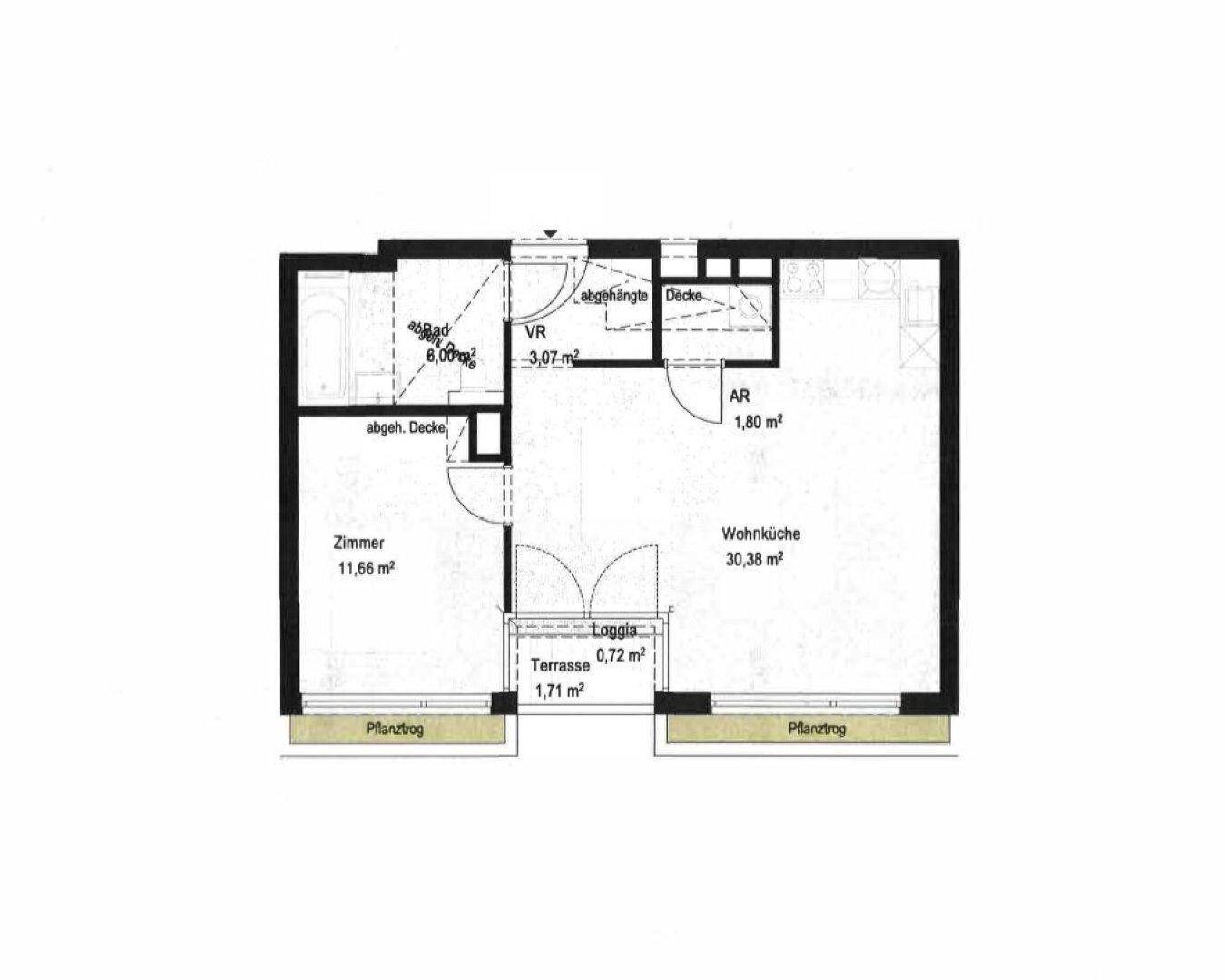 Grundriss einer Wohnung mit Wohnküche, Zimmer und Terrasse, Gesamtfläche 30,38 m².
