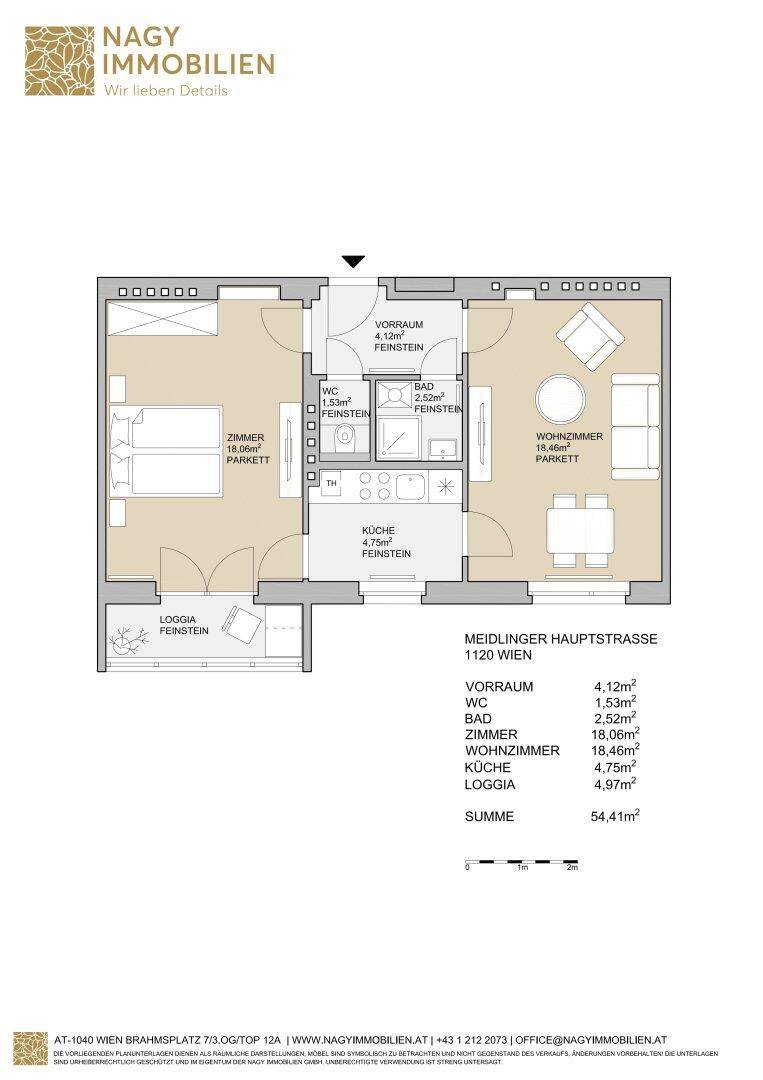 Grundriss einer Wohnung mit Loggia, separatem WC und offenem Wohn-Essbereich.