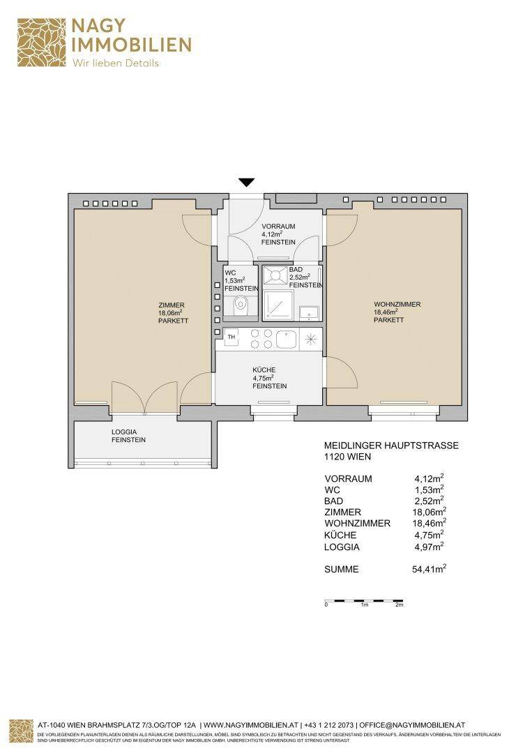 Grundriss einer Wohnung mit Loggia, separatem WC und offenem Wohn-Essbereich.