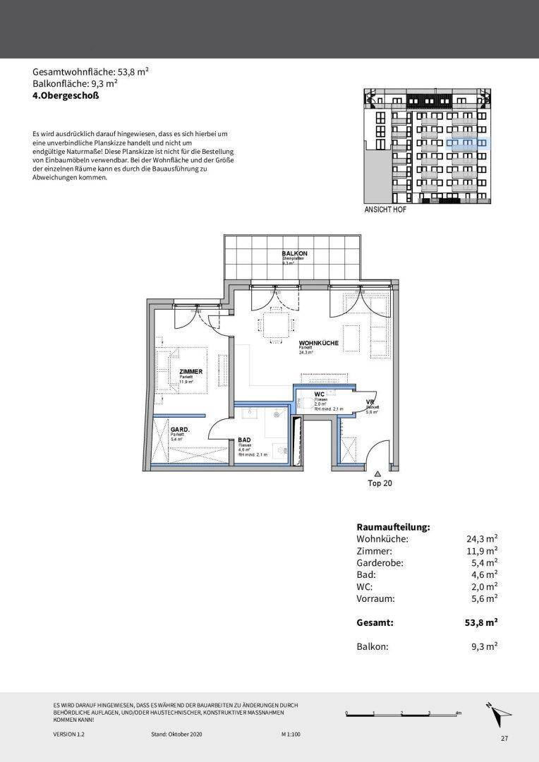 Grundriss der Wohnung Top 20 mit Balkon und offener Wohnküche.