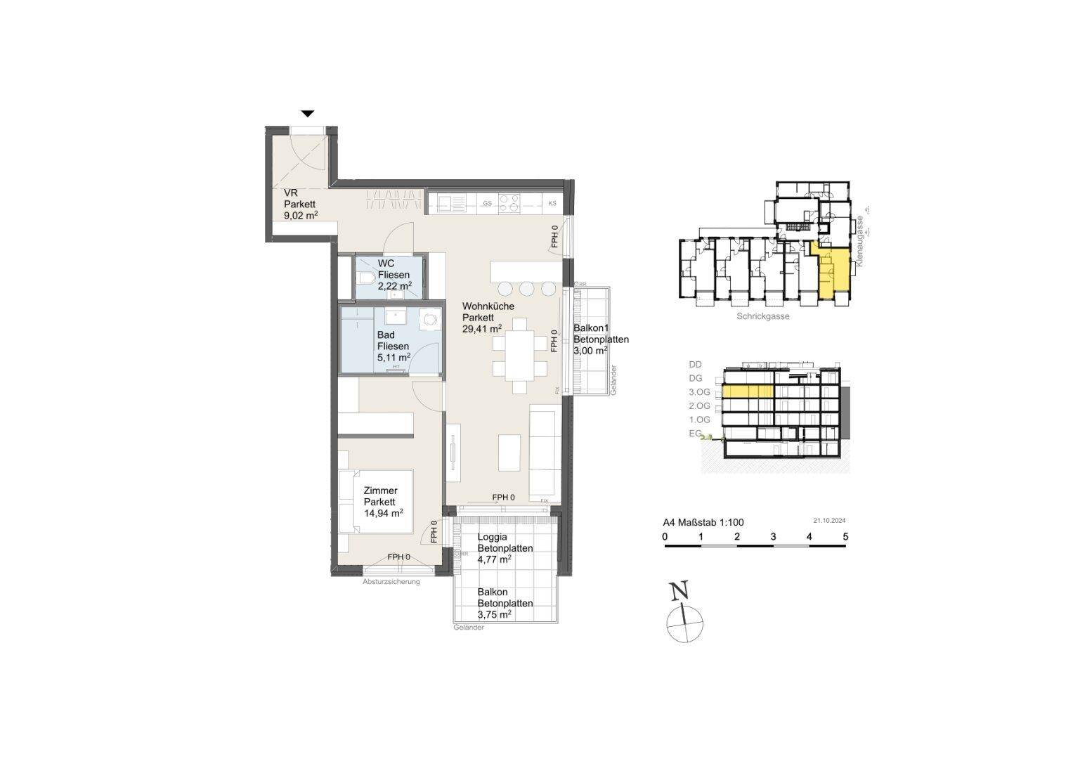 Grundriss einer Wohnung mit offener Wohnküche, einem Schlafzimmer, Bad, separatem WC, Balkon und Loggia.