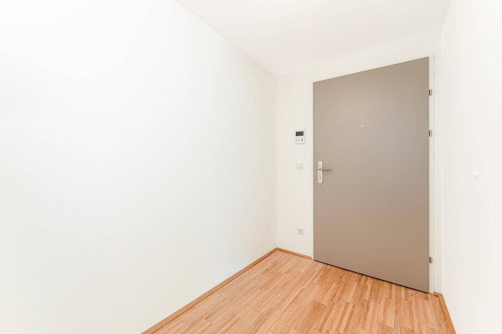 Eingangsbereich mit Parkettboden und einer modernen Eingangstür, die in die Wohnung führt.