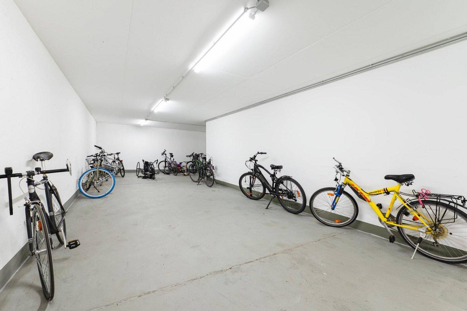Geräumiger Fahrradraum im Keller mit mehreren abgestellten Fahrrädern.
