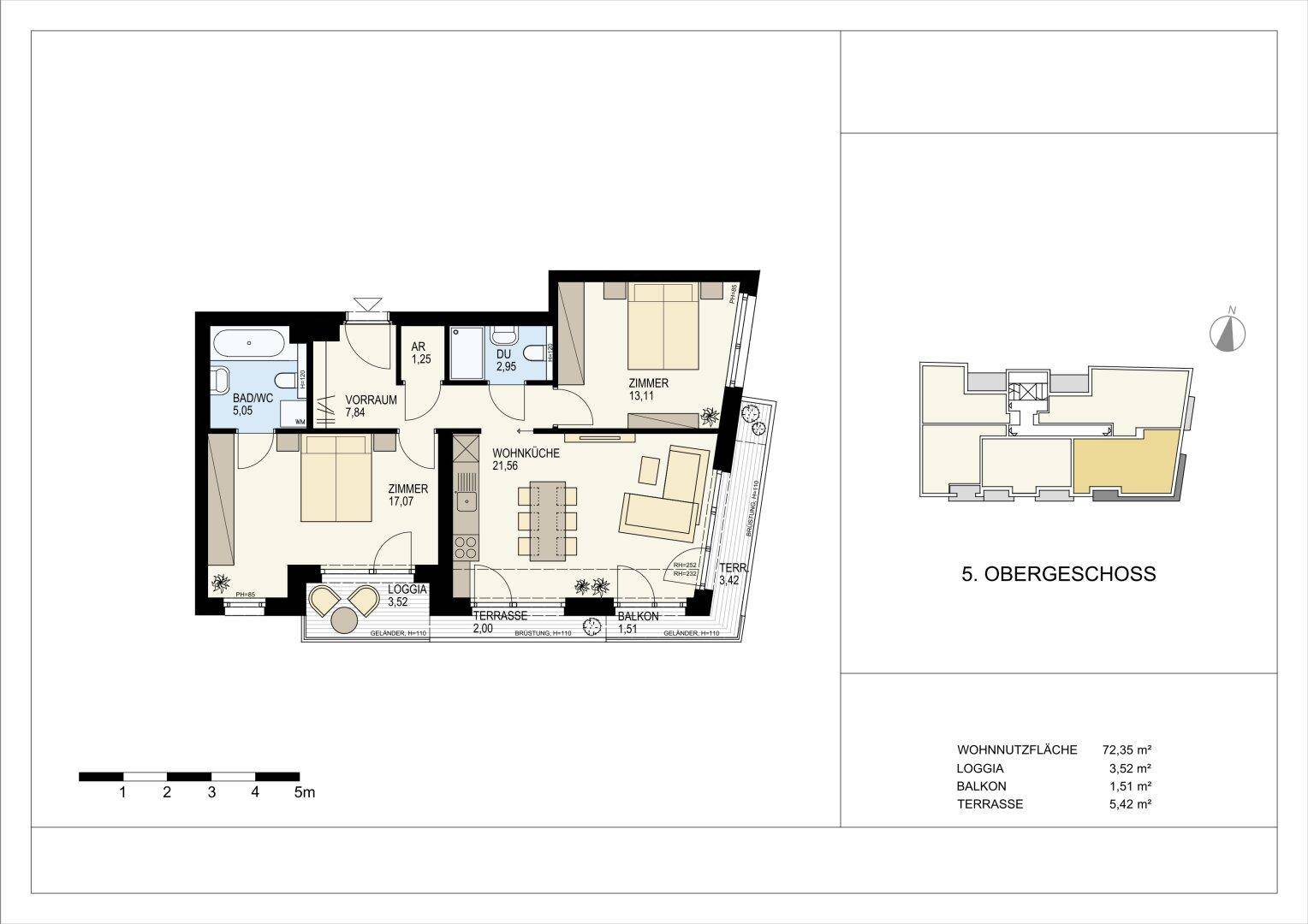 Detaillierter Grundriss einer Wohnung im 5. Obergeschoss mit Loggia, Balkon und Terrasse.