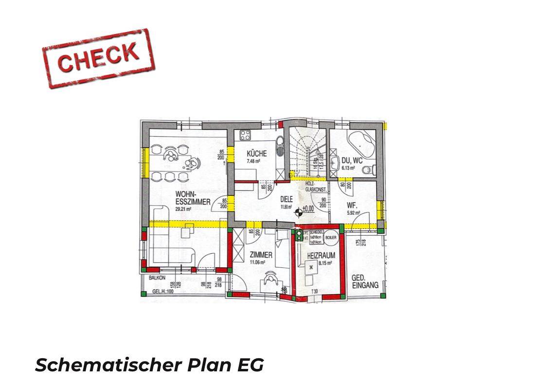 Schematischer Grundriss des Erdgeschosses mit Wohn-Esszimmer, Küche und Balkon.