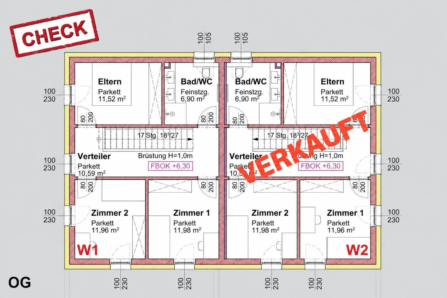 Grundriss des Obergeschosses mit zwei identischen Wohneinheiten, jeweils mit Schlafzimmern und Bädern.