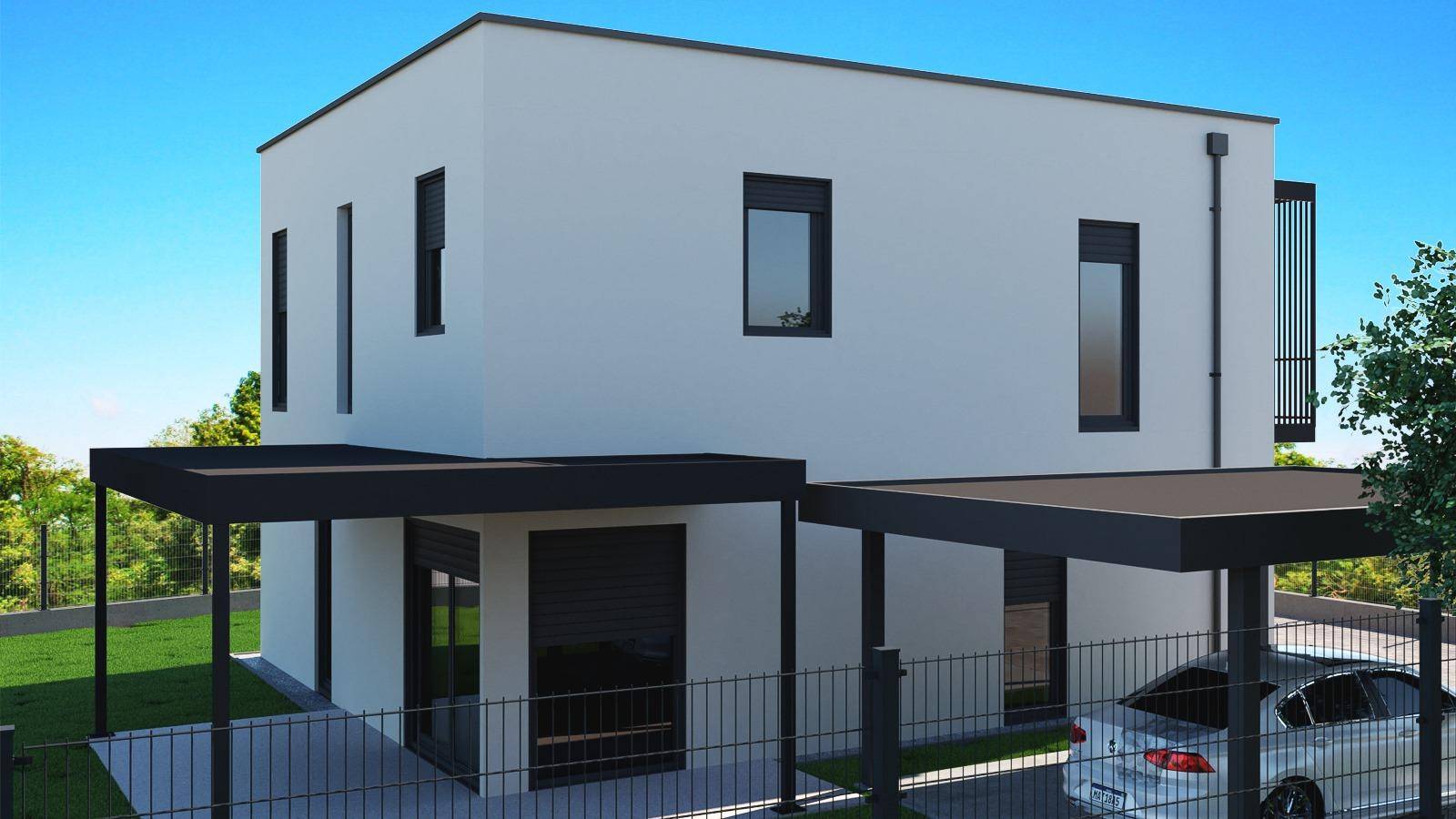 Vorderansicht des modernen Einfamilienhauses mit integriertem Carport und gepflasterter Fläche.