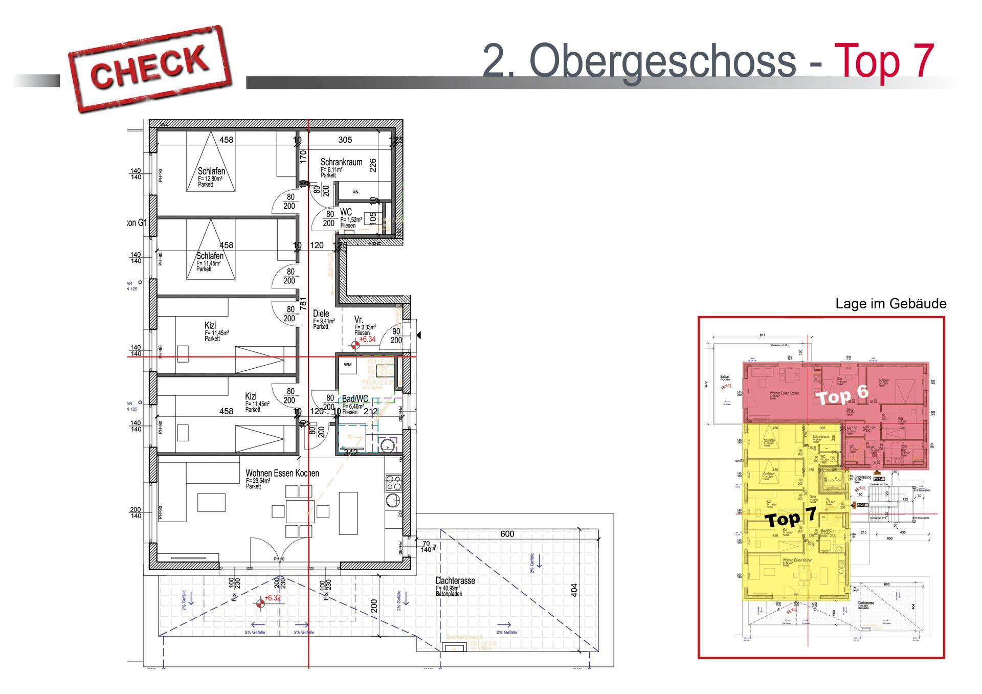 Grundriss der Wohnung Top 7 im 2. Obergeschoss mit offenem Wohn-Essbereich und Dachterrasse.