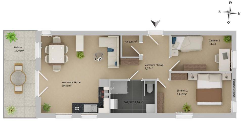 Detaillierter Grundriss einer Wohnung mit zwei Schlafzimmern, offenem Wohnbereich und Balkon.