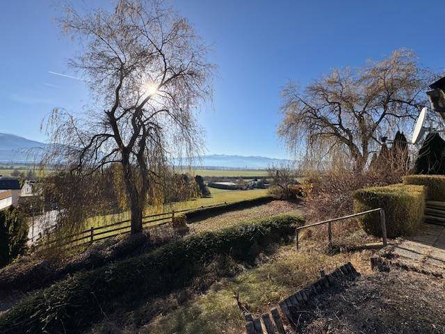 Garten mit Bäumen und Hecken, der einen Panoramablick auf die umliegende Natur bietet.