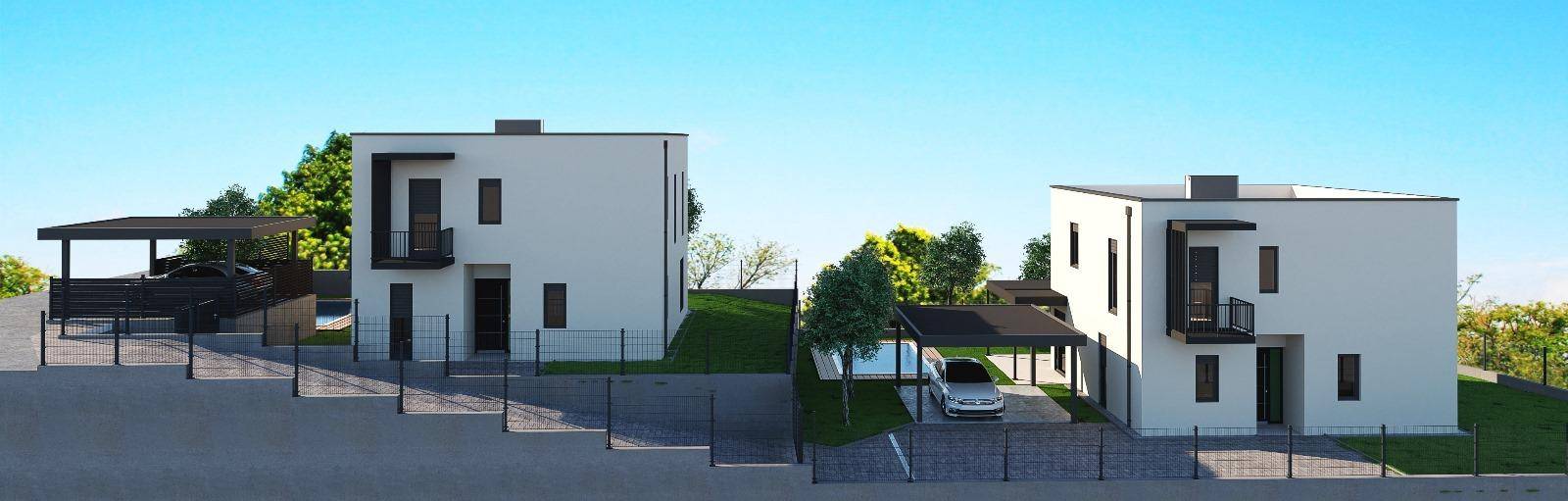 Zwei moderne Einfamilienhäuser mit Carports und minimalistischer Architektur in einer Reihe.