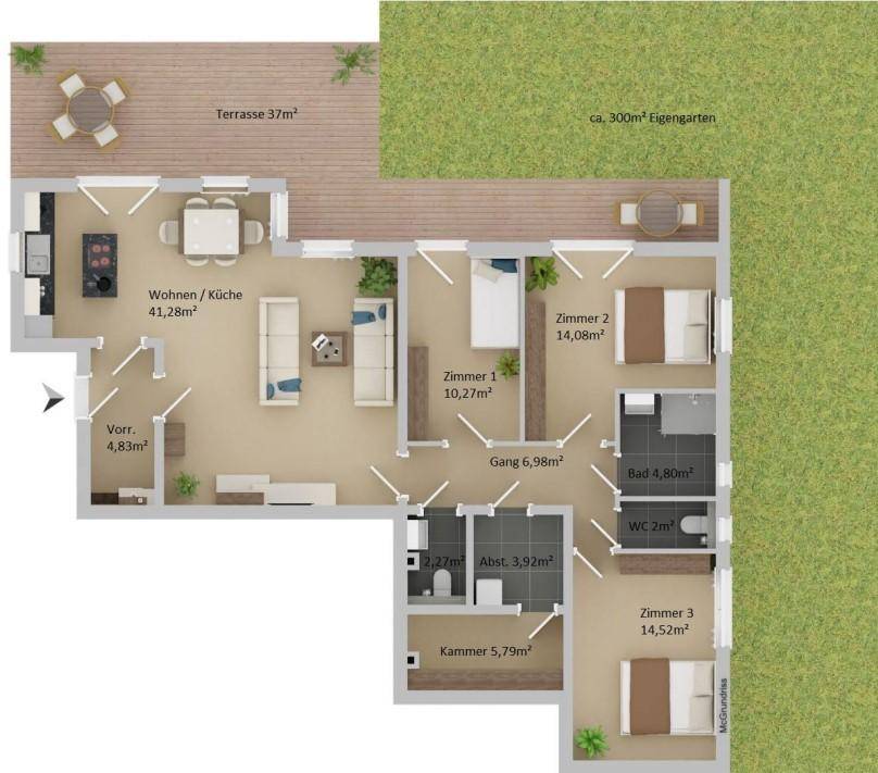 Detaillierter Grundriss einer Wohnung mit drei Schlafzimmern, offener Wohnküche und großer Terrasse.