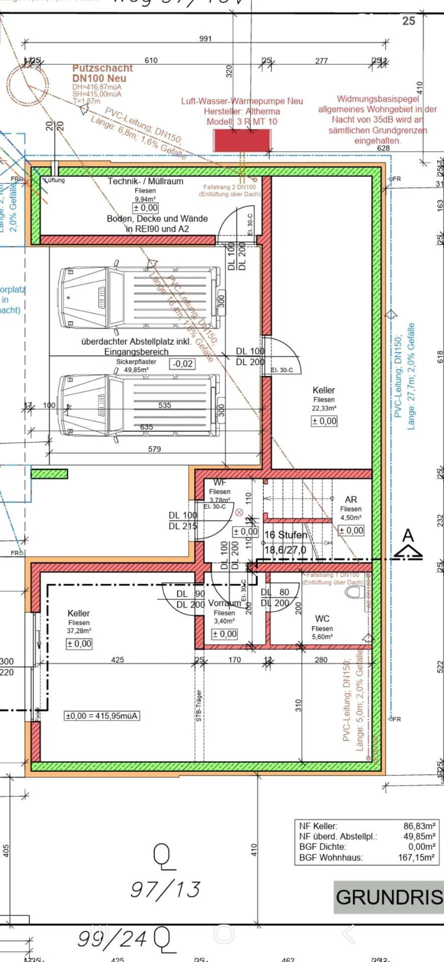 Grundriss des Untergeschosses mit Technikraum, Keller und Parkplätzen.