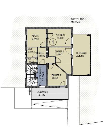 Grundriss der Wohnung mit Küche, Wohnzimmer, zwei Zimmern, Bad, WC und großer Terrasse.