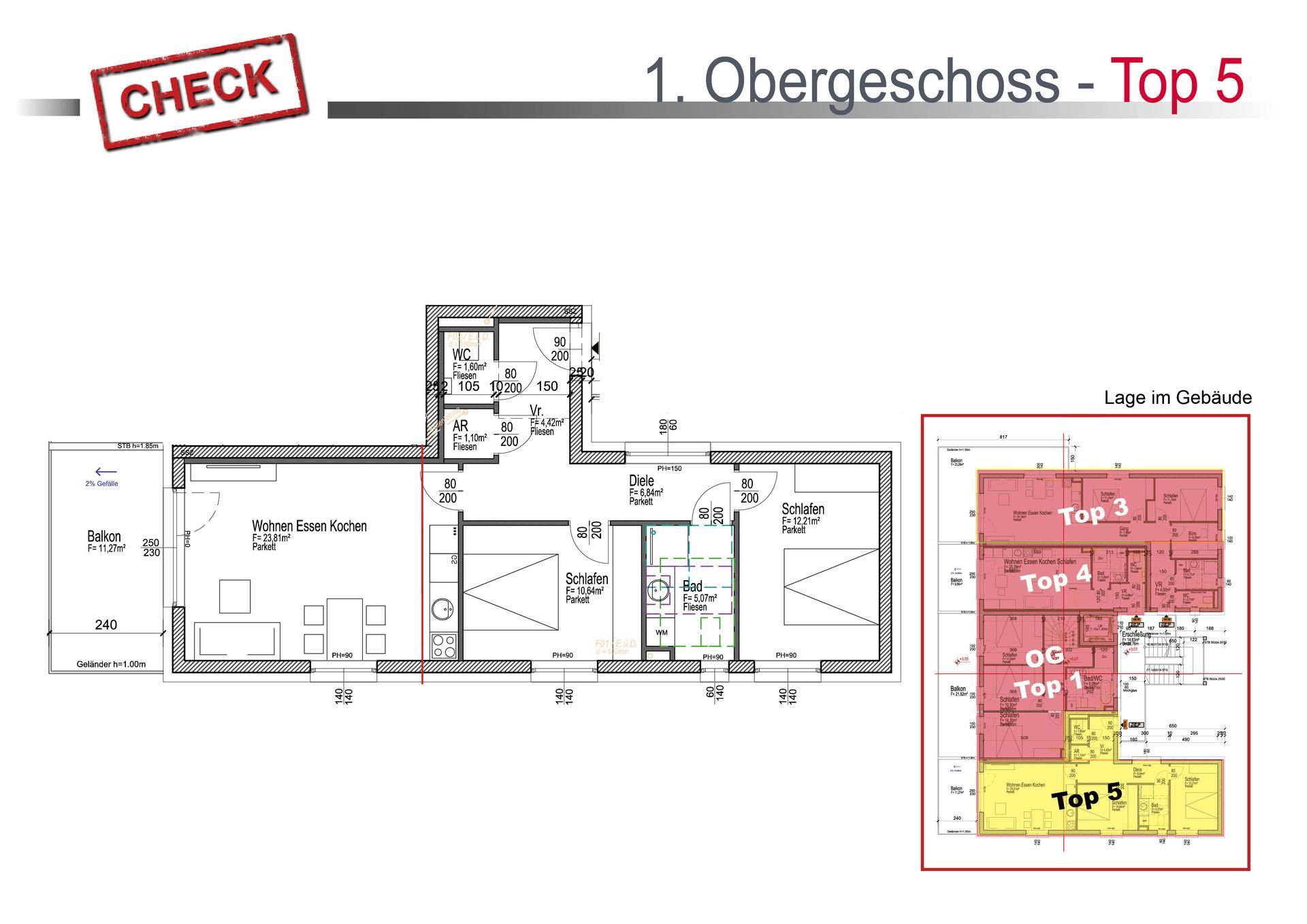 Grundriss der Wohnung Top 5 im ersten Obergeschoss mit offenem Wohnbereich und Balkon.