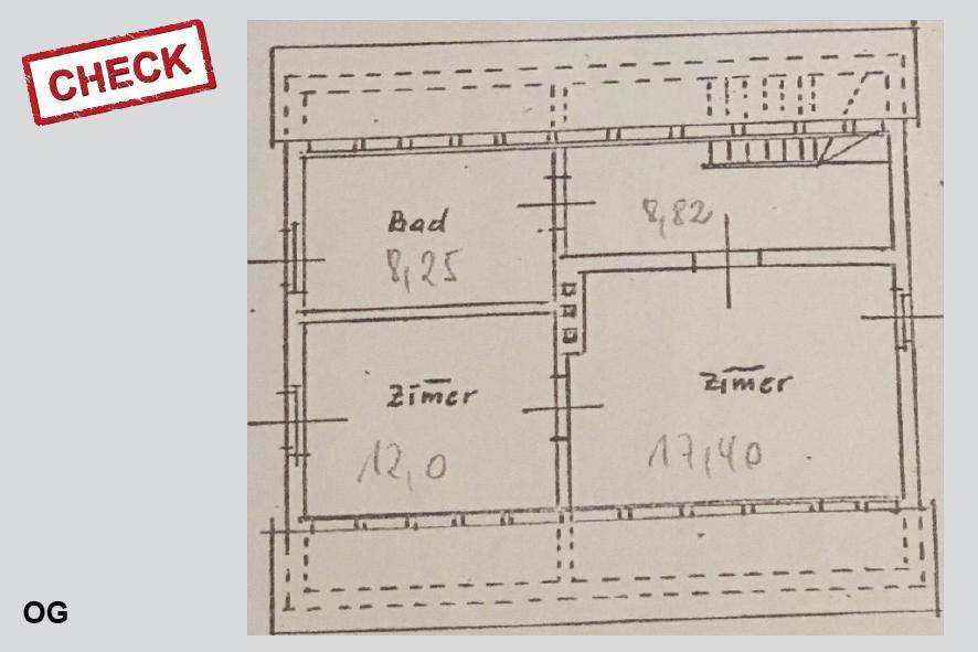 Handgezeichneter Grundriss des Obergeschosses mit Bad und zwei weiteren Zimmern.