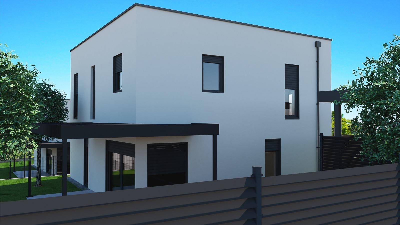 Moderne Architektur eines Einfamilienhauses mit klaren Linien und dunklen Fensterrahmen.