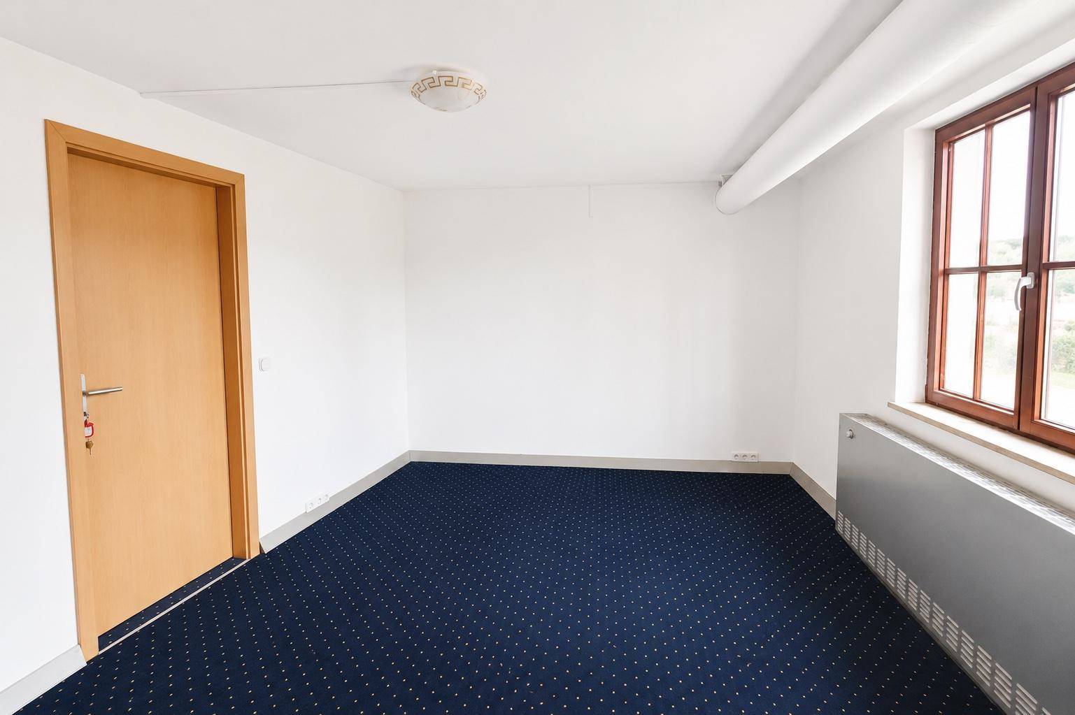 Heller Raum mit blauem Teppichboden, einer Holztür und einem Fenster mit braunem Rahmen.