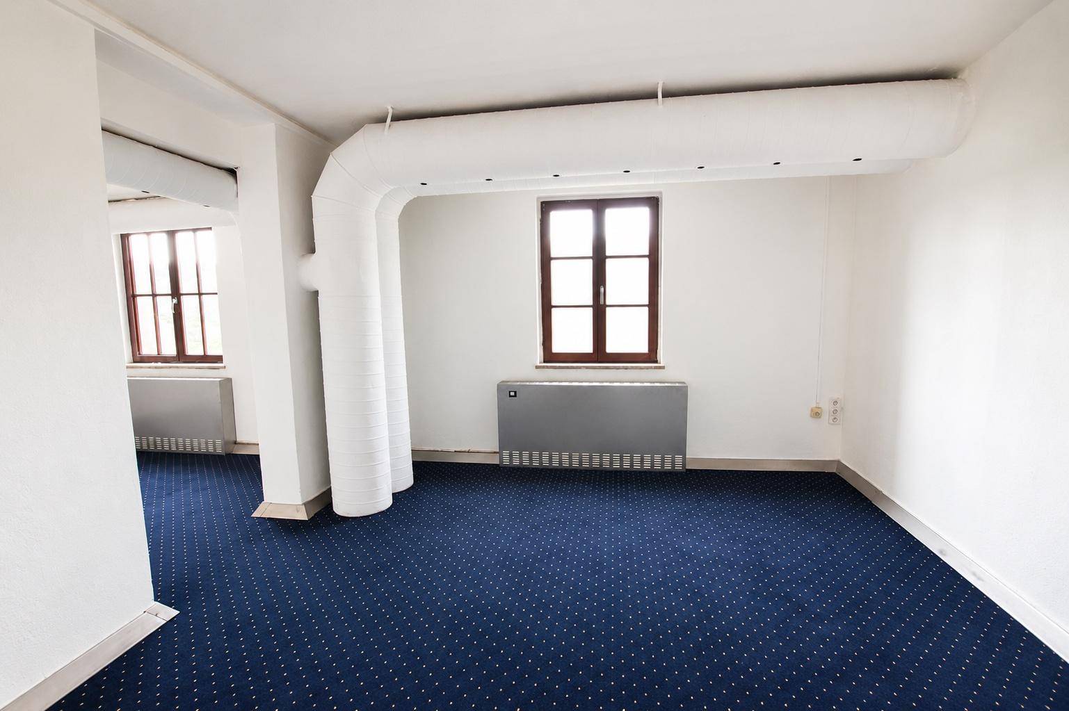Großer Raum mit blauem Teppichboden, zwei Fenstern und Heizkörpern unter den Fenstern.