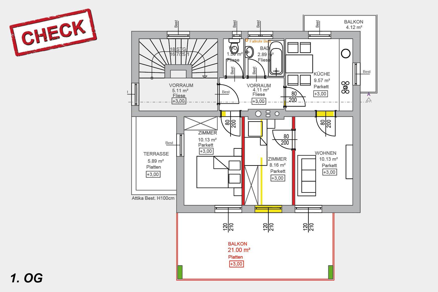 Grundriss des ersten Obergeschosses mit großem Balkon, separater Terrasse und mehreren Zimmern.