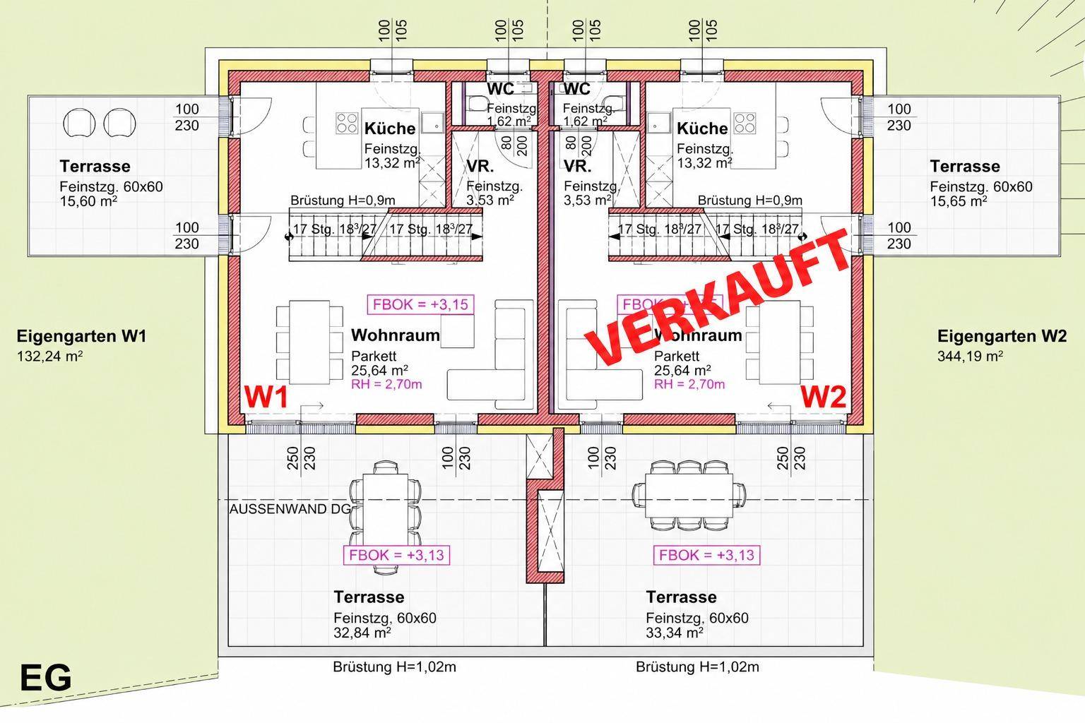 Grundriss des Erdgeschosses mit zwei Wohneinheiten, jeweils mit Wohnraum, Küche, WC, Terrasse und Garten.