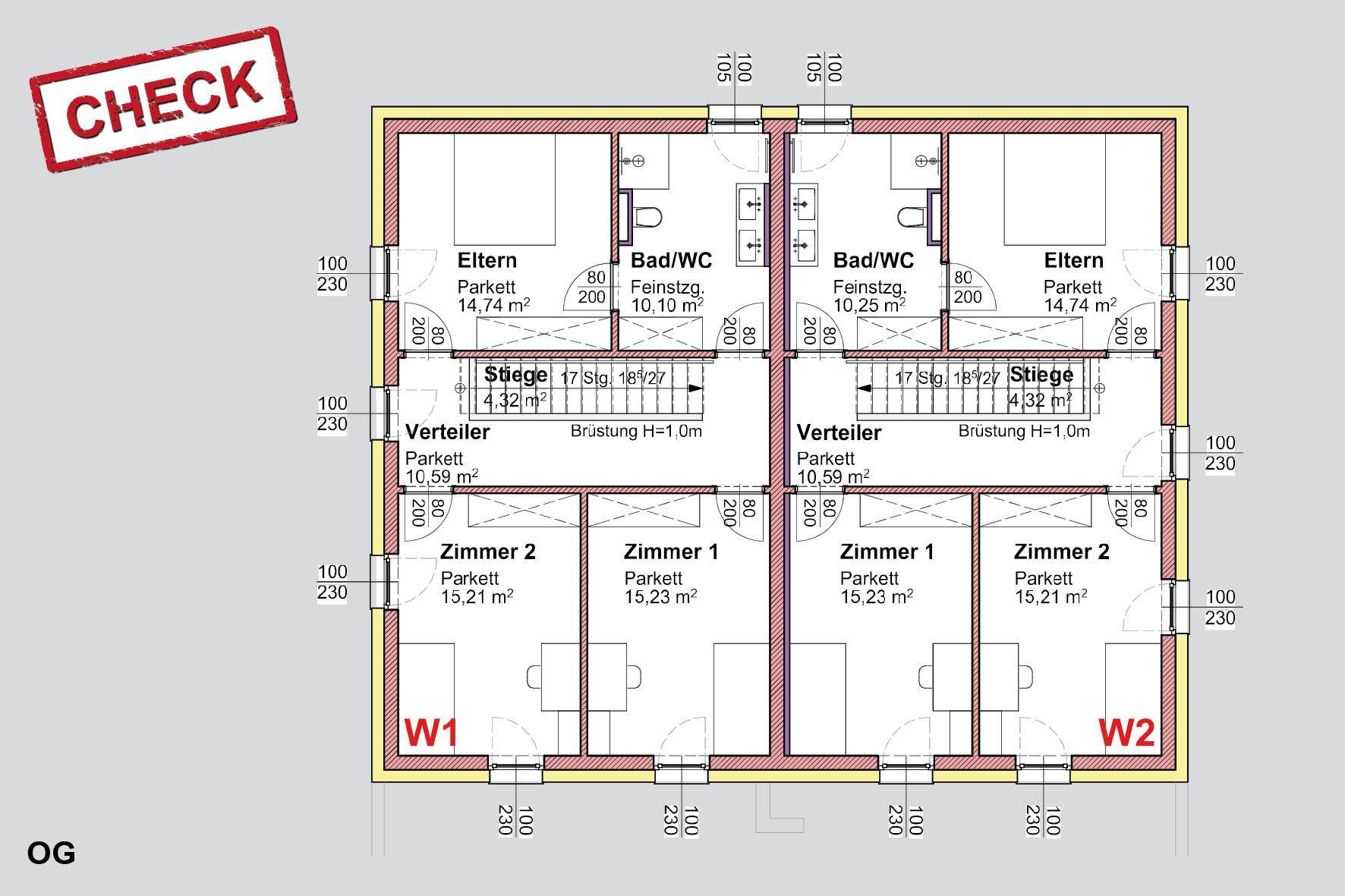 Grundriss des Obergeschosses mit Elternschlafzimmer, zwei weiteren Zimmern und einem Badezimmer.