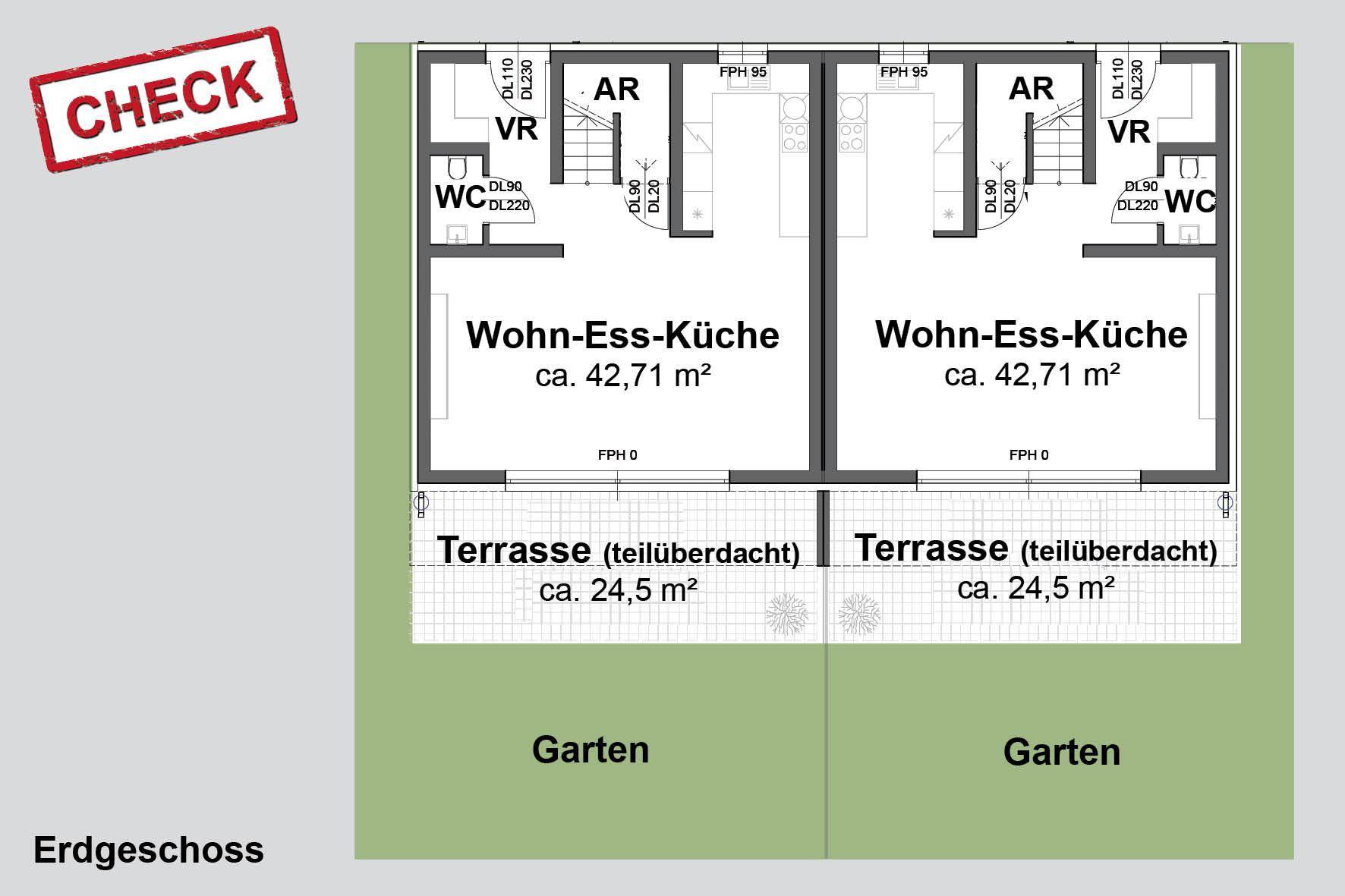 Grundriss des Erdgeschosses mit offener Wohn-Ess-Küche, Terrasse und Gartenbereich.