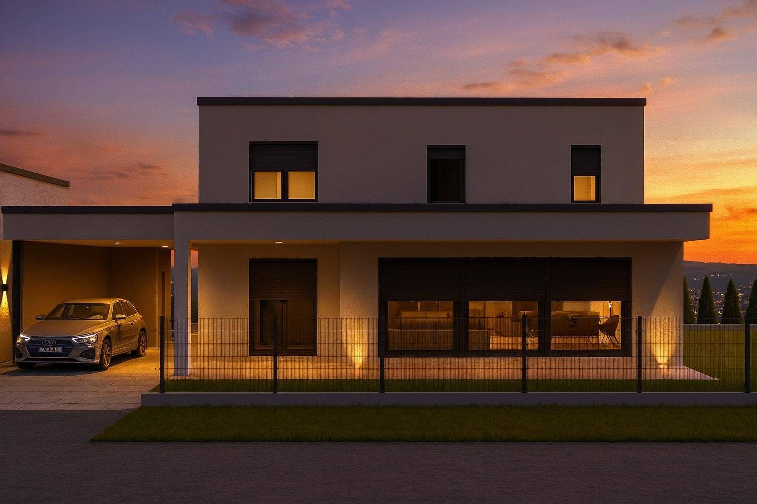 Frontansicht der modernen Neubau-Doppelhaushälfte mit großen Fenstern und Rollläden bei Dämmerung.