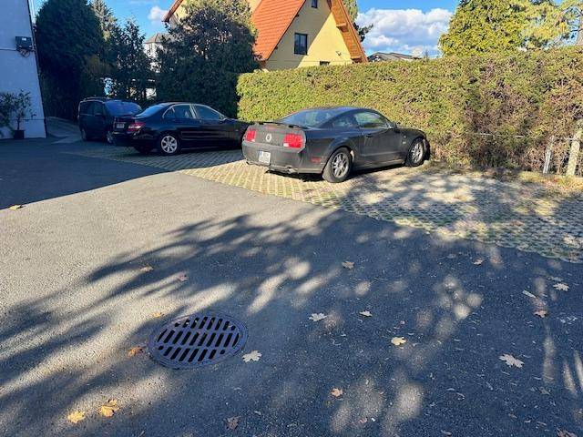 Parkplatz im Freien mit mehreren Fahrzeugen und umgebender Vegetation.