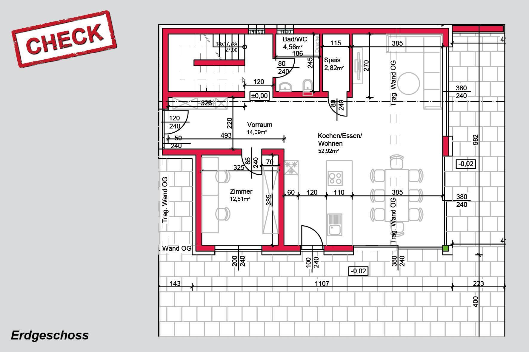 Grundriss des Erdgeschosses mit offenem Wohn-Essbereich, Zimmer und Bad/WC.