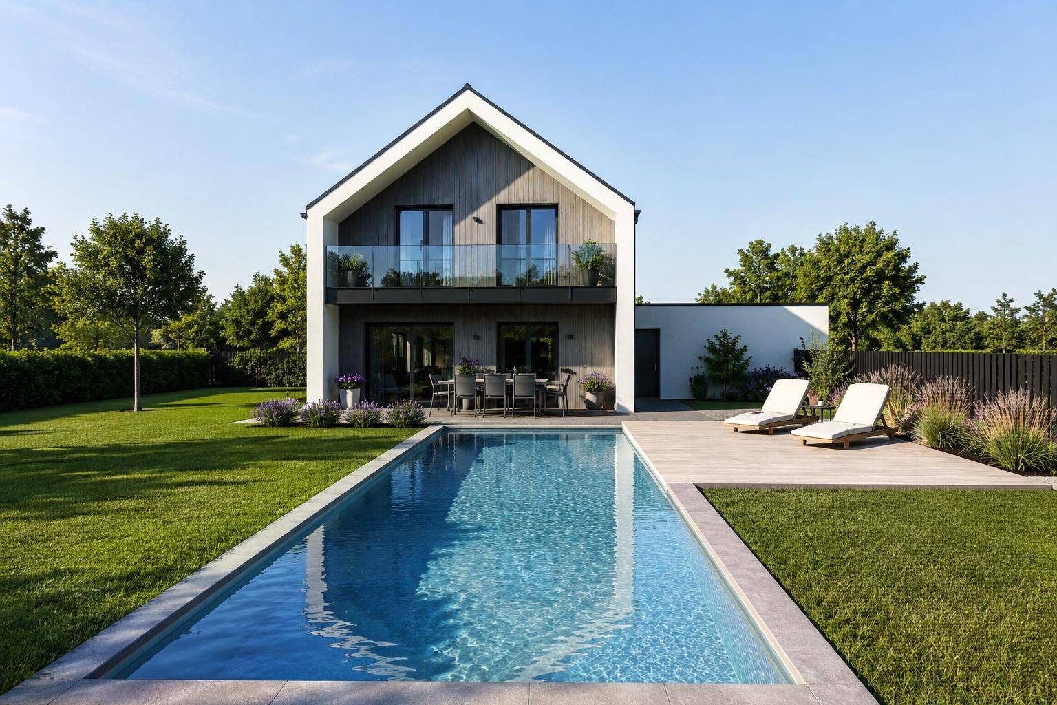 Modernes Einfamilienhaus mit Pool, großer Terrasse und gepflegtem Garten. Die zeitgenössische Architektur fügt sich harmonisch in die grüne Umgebung ein.