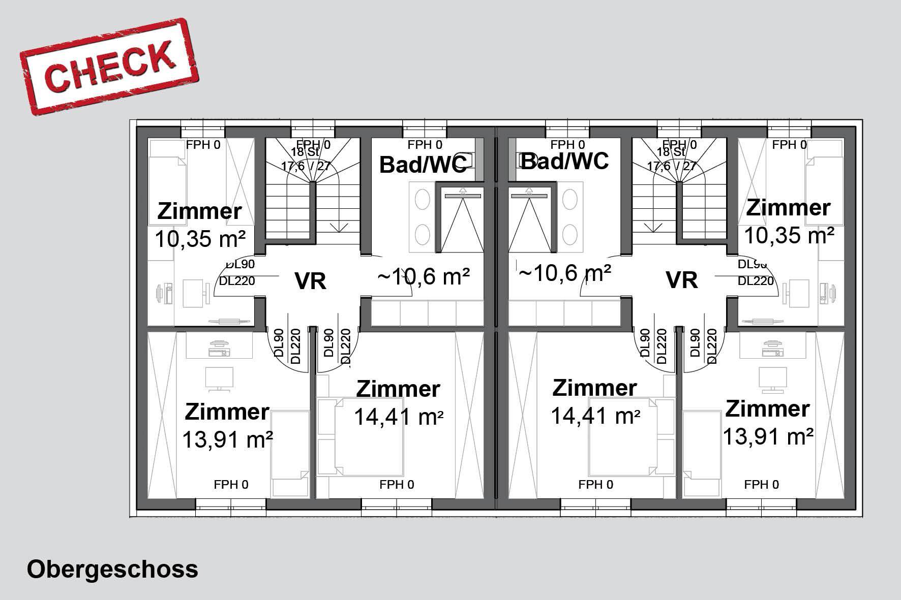 Grundriss des Obergeschosses mit mehreren Zimmern und einem Badezimmer mit WC.