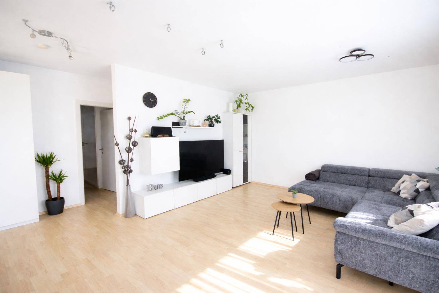 Modern eingerichtetes Wohnzimmer mit TV-Möbeln, hellem Holzboden und Zugang zu weiteren Räumen.