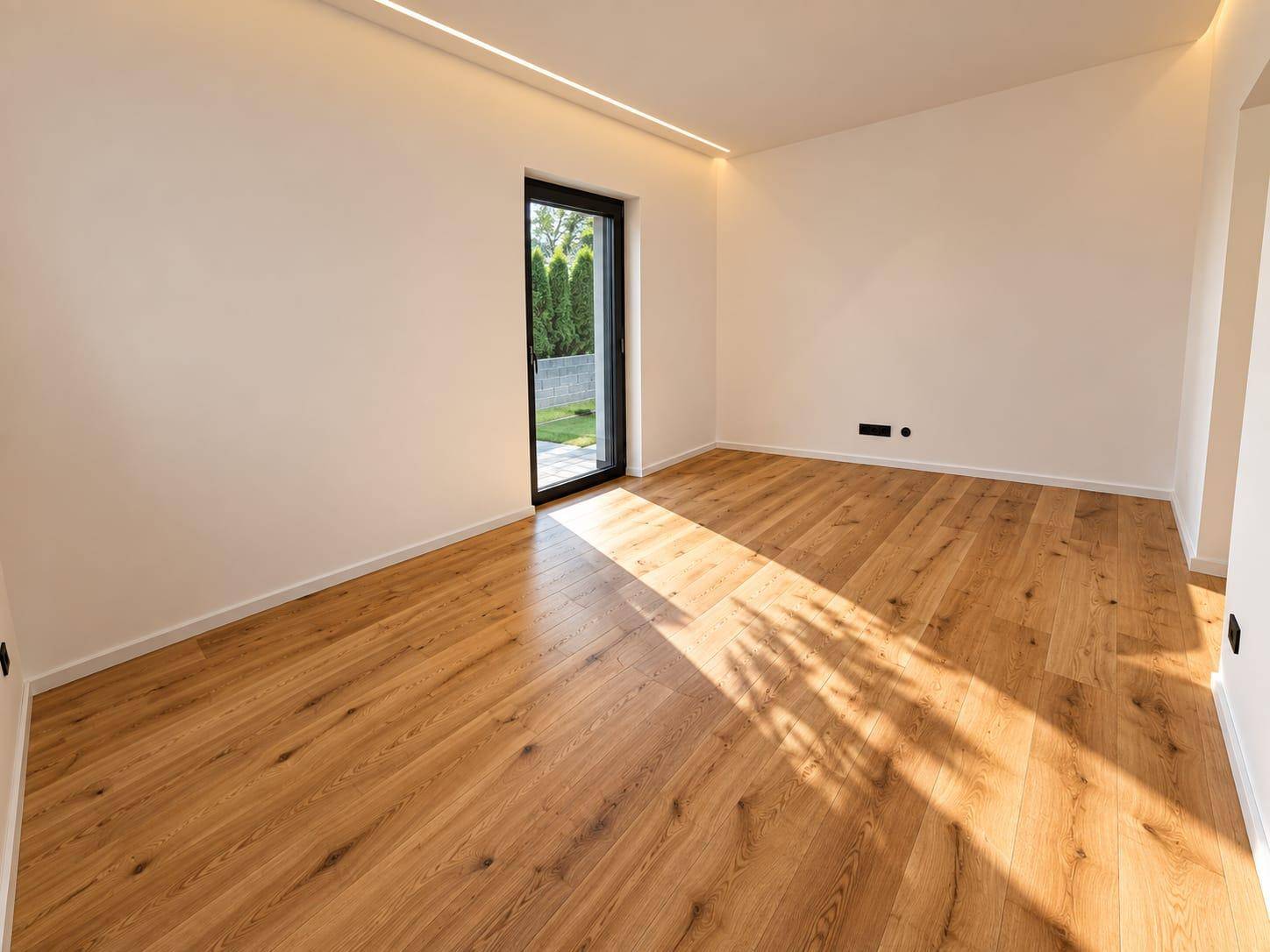 Helles Schlafzimmer mit Holzboden und direktem Zugang zum Garten, ideal für Ruhe und Entspannung.