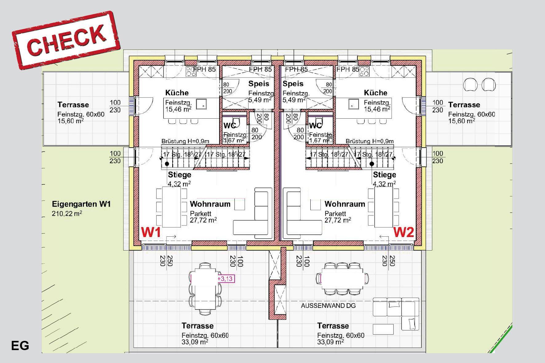 Grundriss des Erdgeschosses mit offener Küche, Wohnraum, Terrasse und privatem Gartenbereich.