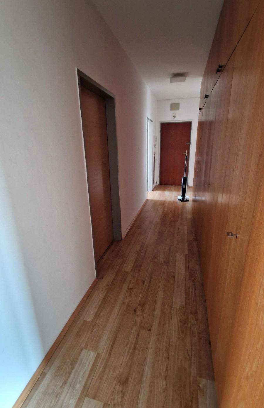 Langer Flur mit Laminatboden und Holztüren, der zu weiteren Räumen führt.