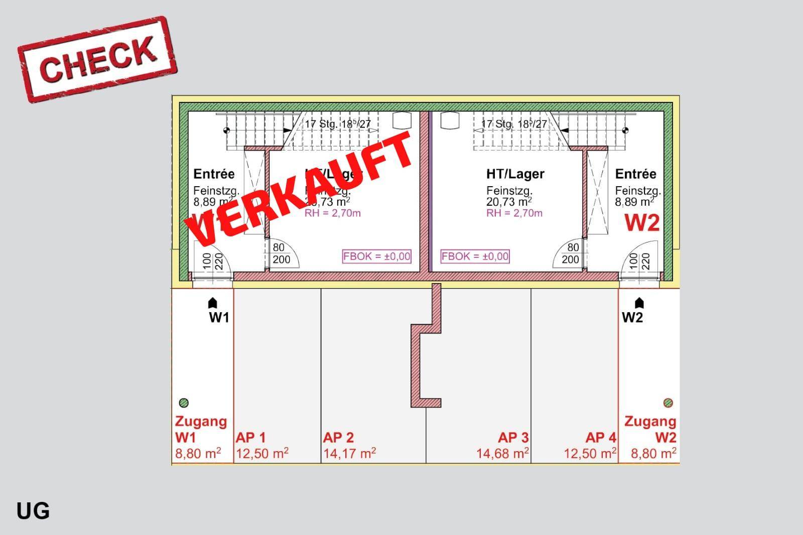 Grundriss des Untergeschosses mit Eingangsbereichen, Lagerräumen und Zugang zu den Parkplätzen.