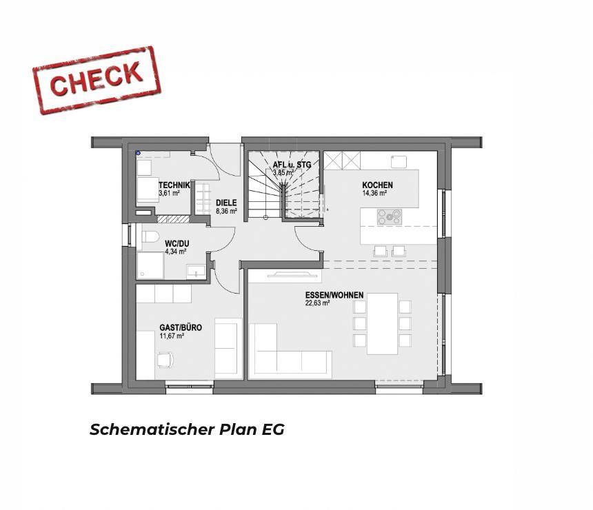 Grundriss des Erdgeschosses mit offenem Wohn-Essbereich, Küche, Gästezimmer und separatem WC mit Dusche.