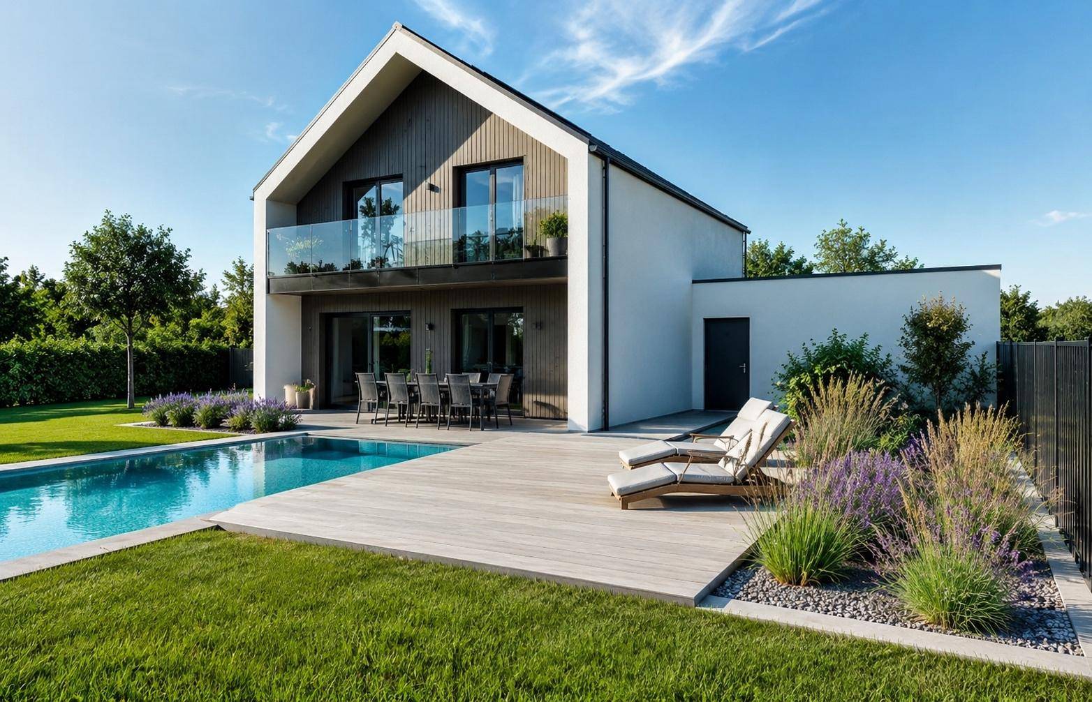 Modernes Einfamilienhaus mit Pool, großer Terrasse und gepflegtem Garten. Die zeitgenössische Architektur fügt sich harmonisch in die grüne Umgebung ein.
