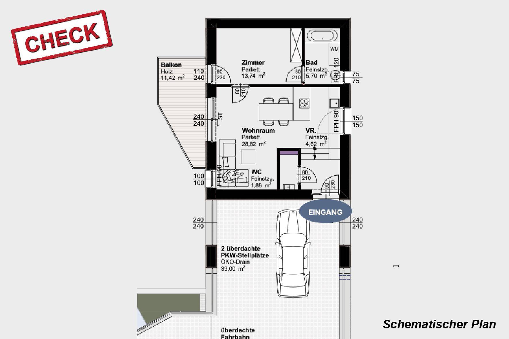 Schematischer Grundriss einer Wohnung mit Balkon, Bad, WC und zwei PKW-Stellplätzen.