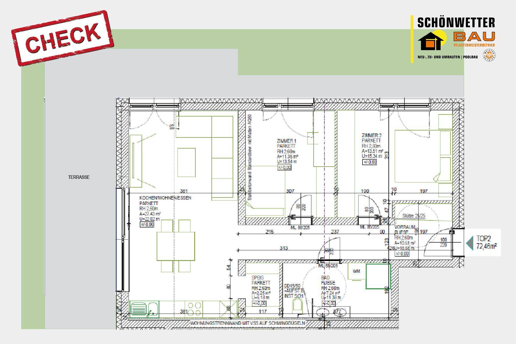 Detaillierter Grundriss einer 3-Zimmer-Wohnung mit Terrasse und offenem Wohnbereich.