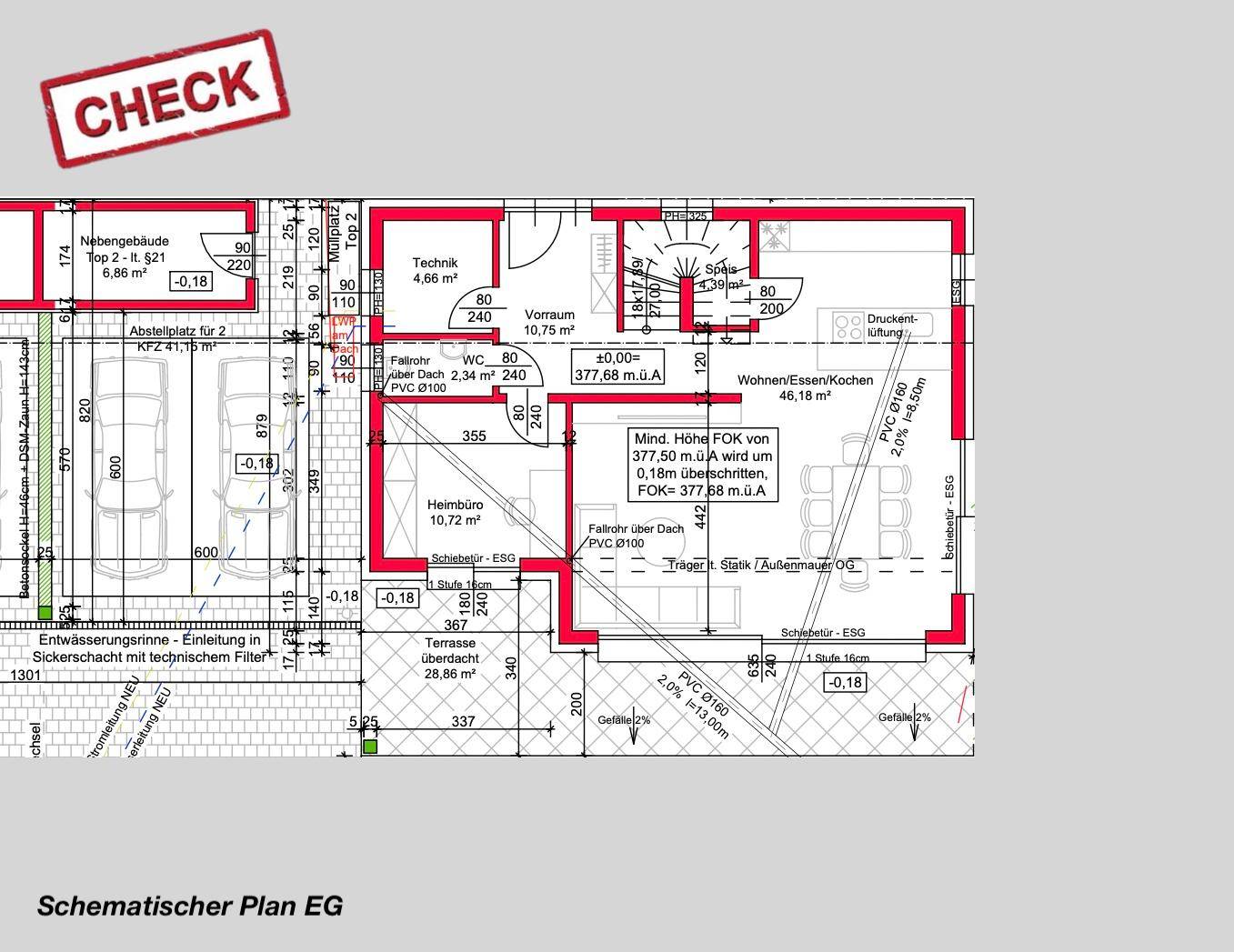 Schematischer Grundriss des Erdgeschosses mit Wohn-/Essbereich, Küche und Carport.